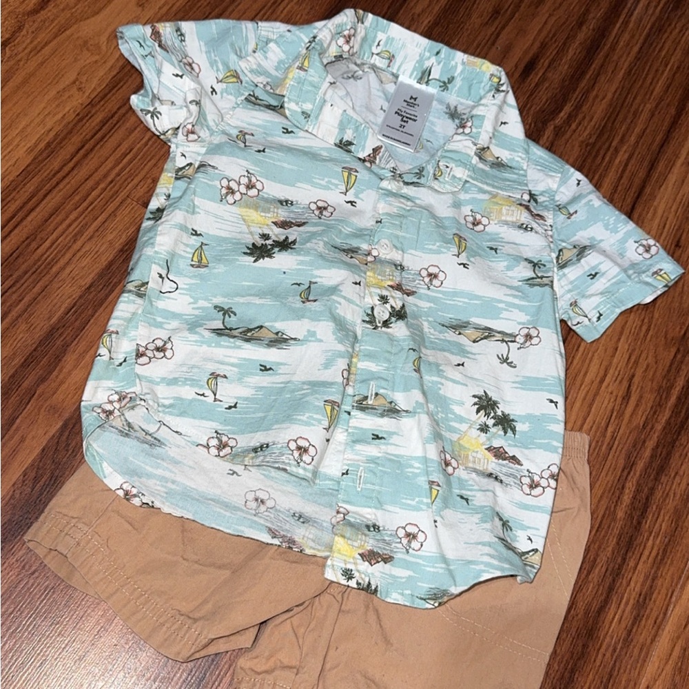 Tropical Print Shirt and Tan Shorts Set